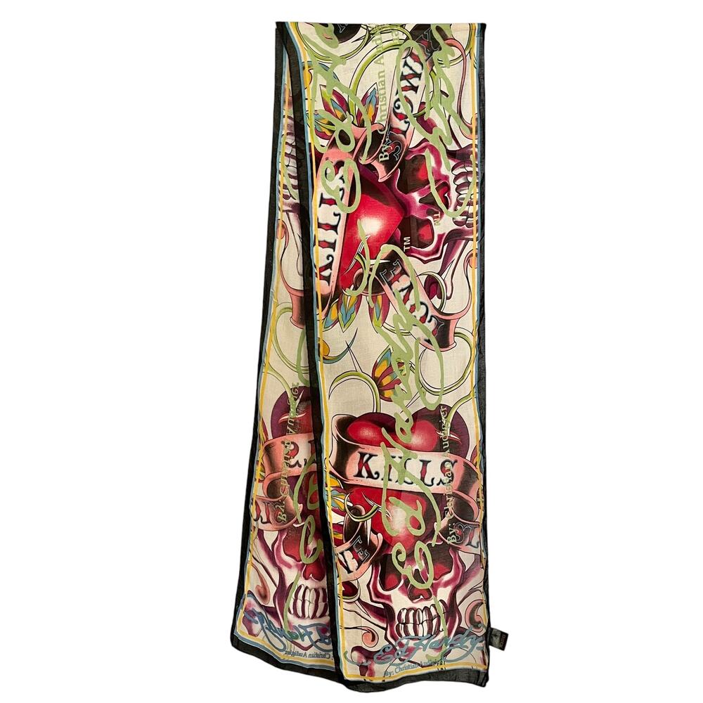 Ed Hardy x Christian Audigier Love Kills Slowly Long Scarf Y2K Skulls Hearts - Picture 1 of 8